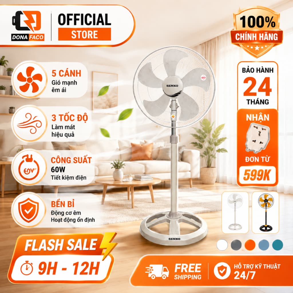 Quạt Đứng Senko Dts1603 60w Motor Lõi Đồng, 5 Cánh 39cm, 3 Tốc Độ Gió, Điều Chỉnh Chiều Cao Chính Hãng