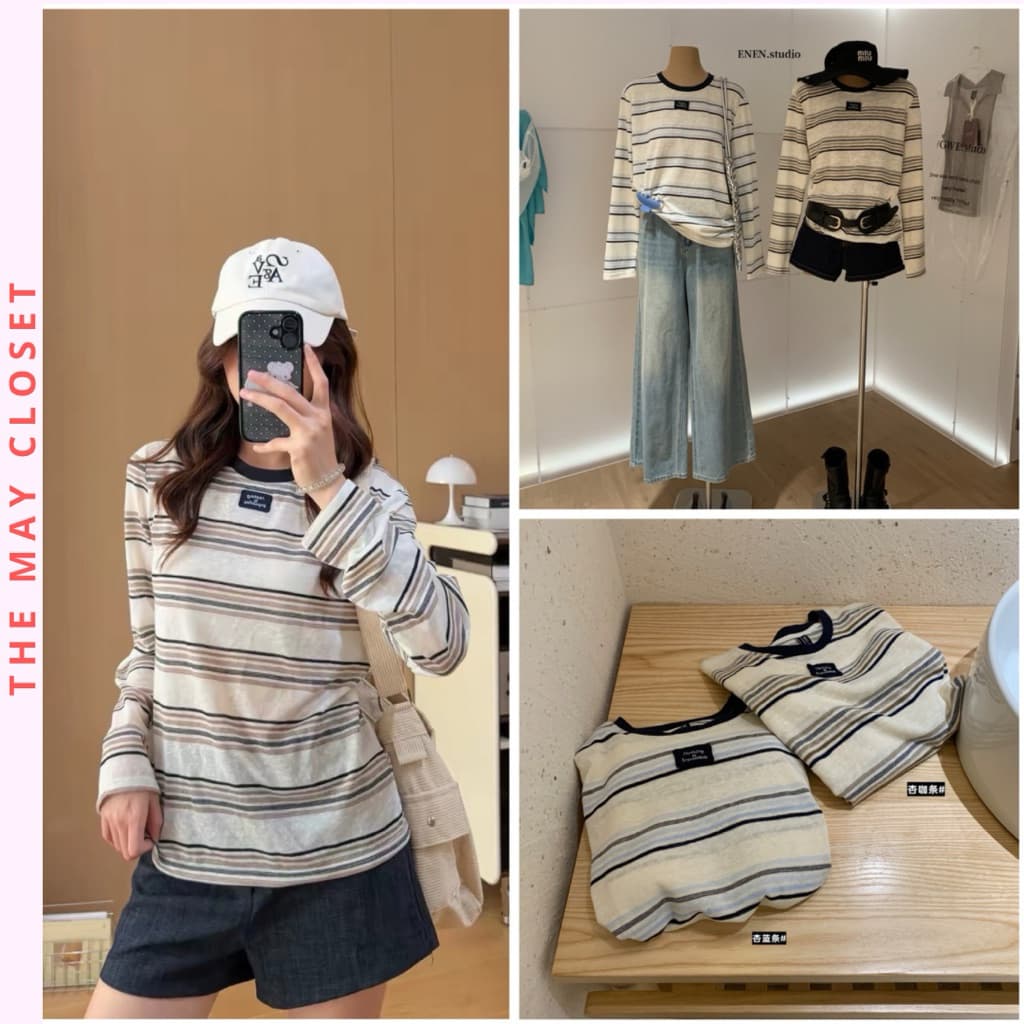 𝑨𝒏𝒏 𝑺𝒕𝒖𝒅𝒊𝒐 𝐖𝐆𝐖𝐄/ Áo Thun Giấy Dài Tay Phối Kẻ Sọc EN.EN 10767, Áo Thun Tay Dài Nữ Form Rộng Hàn Quốc