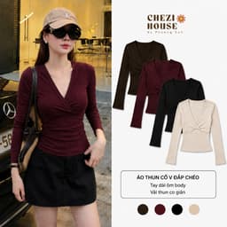 Áo Thun Nữ Cổ V Đắp Chéo – CHEZI HOUSE – Thun Gân Co Giãn, Tay Dài Ôm Body – #HH551 – Màu Đen/Nâu/Be/Đỏ 1