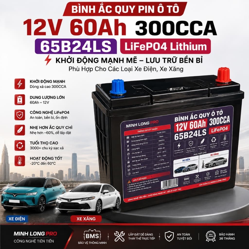 Bình Ắc Quy Pin Ô Tô 12V 60Ah 300CCA 65B24LS Lithium LiFePO4 – Khởi Động Mạnh Mẽ, Lưu Trữ Bền Bỉ