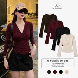 Áo Thun Nữ Cổ V Đắp Chéo – AN TÂY– Thun Gân Co Giãn, Tay Dài Ôm Body – #HH551 – Màu Đen/Nâu/Be/Đỏ 1