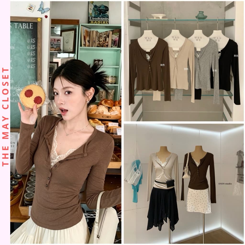 [SẴN]x 𝐖𝐆𝐖𝐄/ Áo Thun Dài Tay Phối Ren Ngực Mỏng Ôm Body 𝐄𝐍𝐄𝐍 10711 Áo Thun Nữ Tay Dài Cài Cúc Điệu Đà