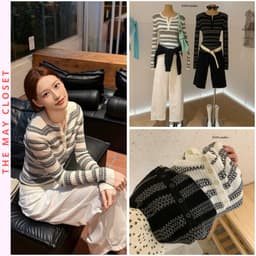 [SẴN Kẻ Trắng] 𝑻𝒉𝒆𝑴𝒂𝒚 x 𝐖𝐆𝐖𝐄/ Áo Len Dài Tay Cổ V Kẻ Sọc Mỏng Ôm Body 𝐄𝐍.𝐄𝐍 11013, Áo Len Nữ Dài Tay Cài Cúc ZicZag 1