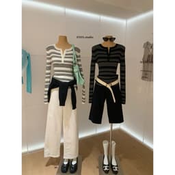[SẴN Kẻ Trắng] 𝑻𝒉𝒆𝑴𝒂𝒚 x 𝐖𝐆𝐖𝐄/ Áo Len Dài Tay Cổ V Kẻ Sọc Mỏng Ôm Body 𝐄𝐍.𝐄𝐍 11013, Áo Len Nữ Dài Tay Cài Cúc ZicZag 2