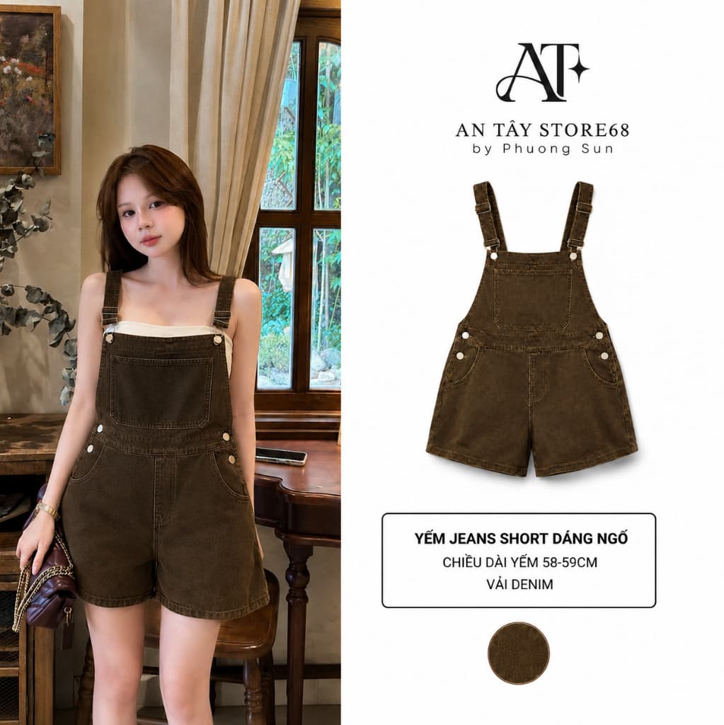 Yếm Jean Short Nữ – AN TÂY – Dáng Ngố, Jean Cao Cấp, Form Rộng Thoải Mái, Dễ Phối Đồ – #8640-42 – Màu Nâu