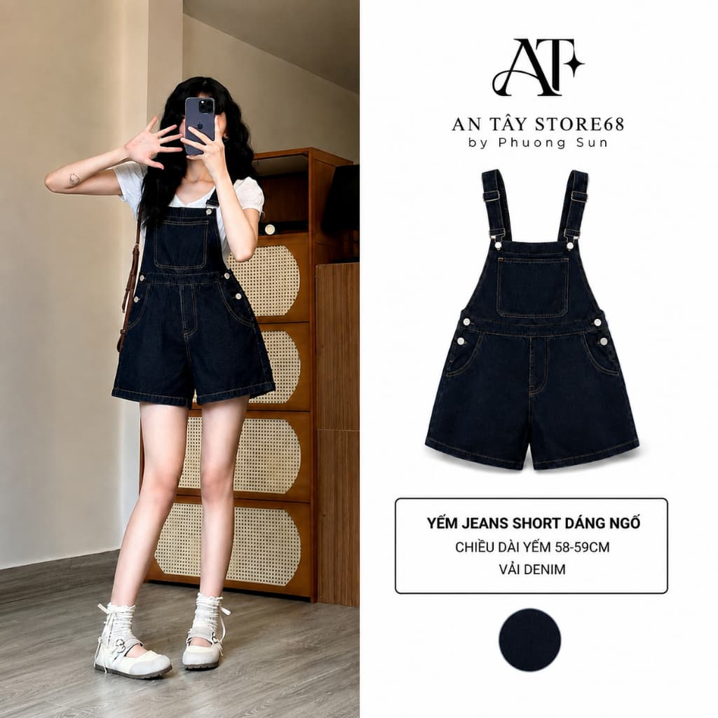 Yếm Jean Short Nữ – AN TÂY – Dáng Ngố, Jean Cao Cấp, Form Rộng Thoải Mái, Dễ Phối Đồ – #8640-42 – Màu Xanh Than
