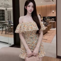 Đầm Hoa Nhí Trễ Vai Tay Phồng Dáng Chữ A Co Giãn Eo Smocking Nữ Tính 3