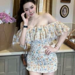 Đầm Hoa Nhí Trễ Vai Tay Phồng Dáng Chữ A Co Giãn Eo Smocking Nữ Tính 4
