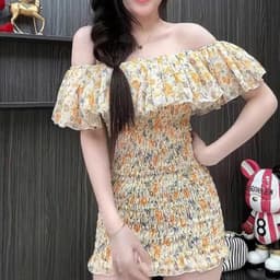 Đầm Hoa Nhí Trễ Vai Tay Phồng Dáng Chữ A Co Giãn Eo Smocking Nữ Tính 5