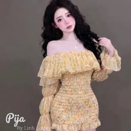 Đầm Hoa Nhí Trễ Vai Tay Phồng Dáng Chữ A Co Giãn Eo Smocking Nữ Tính 7
