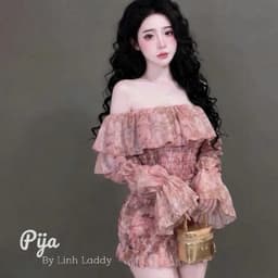 Đầm Hoa Nhí Trễ Vai Tay Phồng Dáng Chữ A Co Giãn Eo Smocking Nữ Tính 8