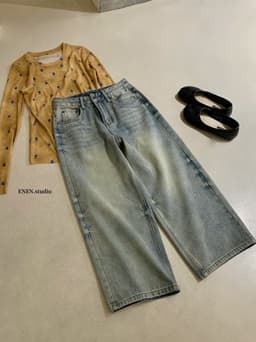 ENEN - Quần Jeans Nữ Dáng Nấm Ống Rộng Lưng Cao Màu Nhạt Basic 11024 8