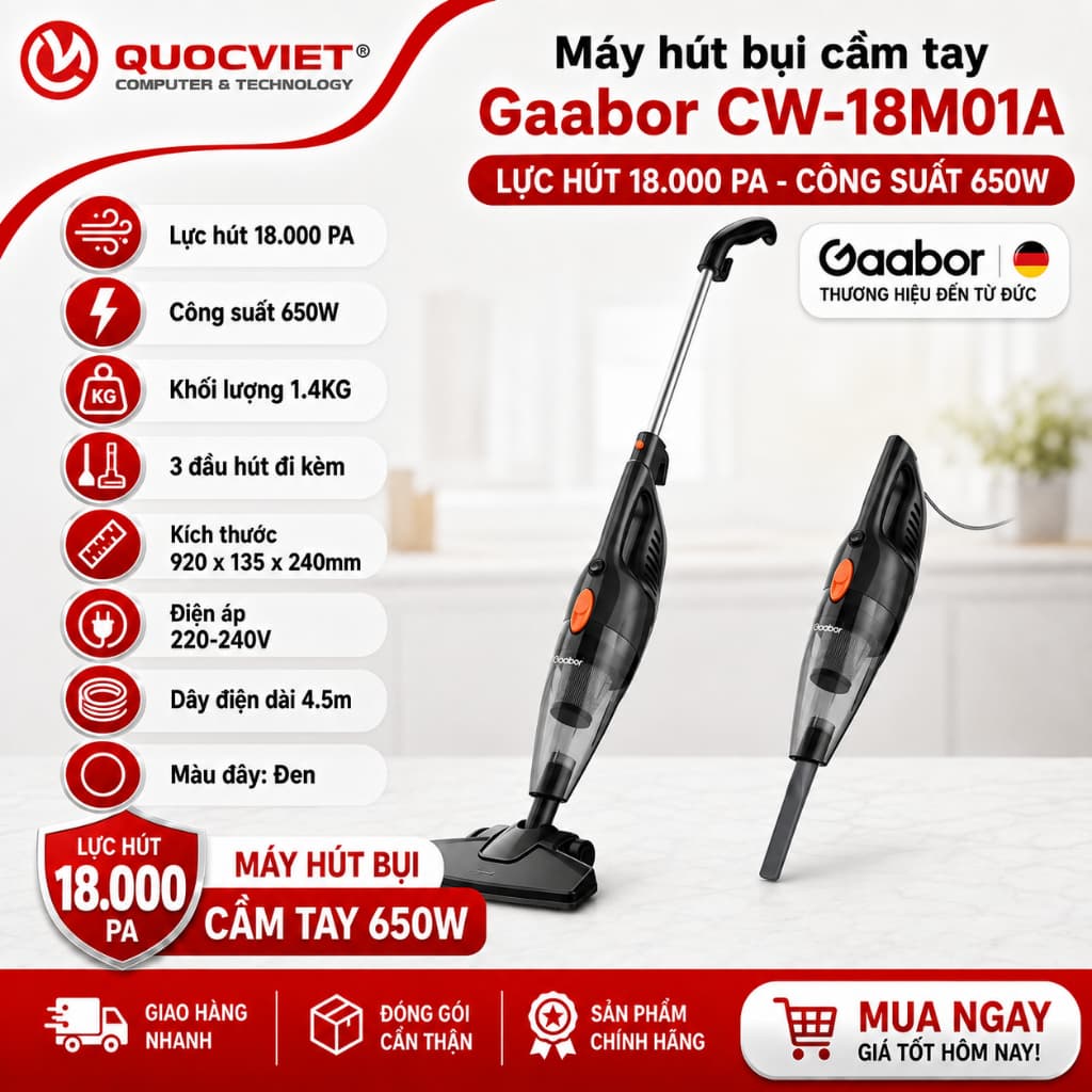 Máy Hút Bụi Cầm Tay Gaabor CW-18M01A 18000Pa 650W | Hệ Thống Lọc 3 Lớp, 3 Đầu Hút