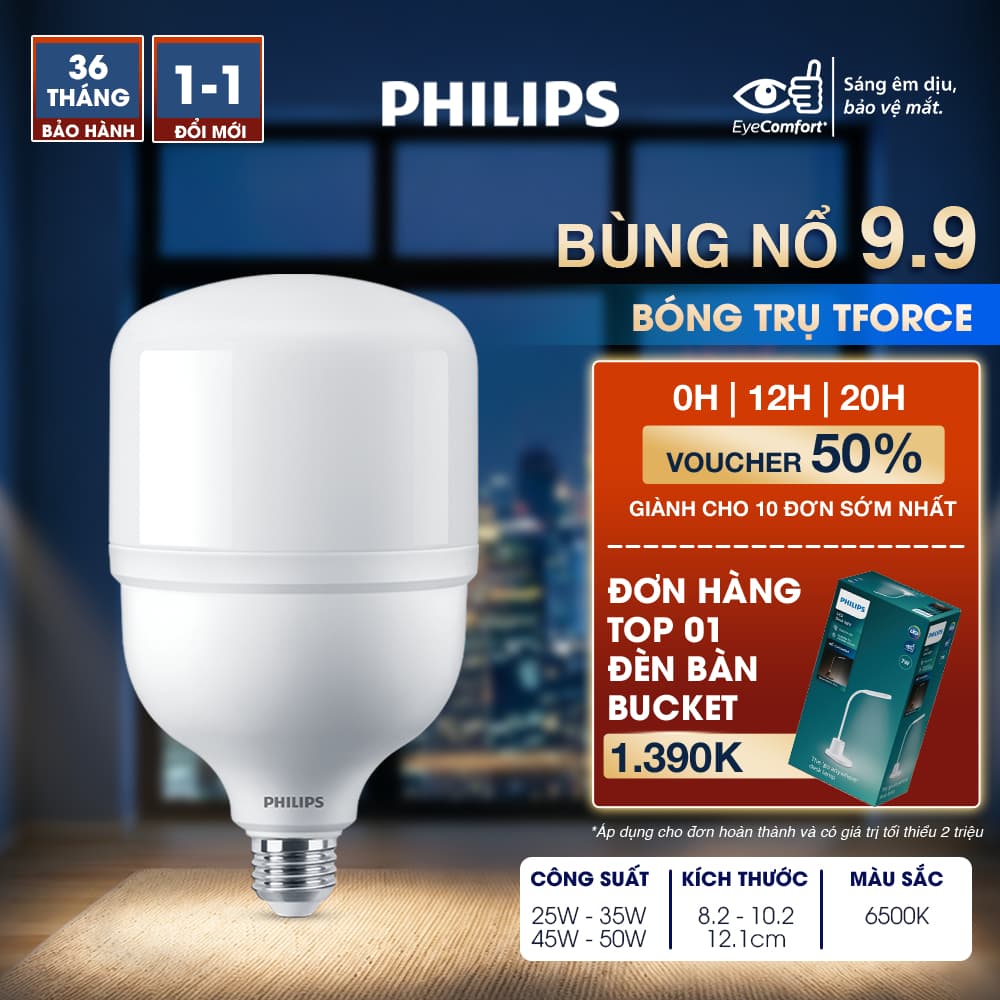 Bóng đèn LED PHILIPS trụ TForce siêu sáng (25W,35W,45W, 50W) - Ánh sáng trắng 6500K (01 bóng) - Đèn Philips