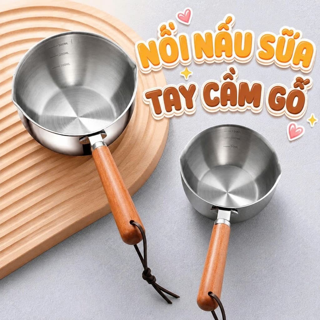 Nồi Nấu Sữa Thép Không Gỉ Tay Cầm Gỗ Đa Năng 300ml