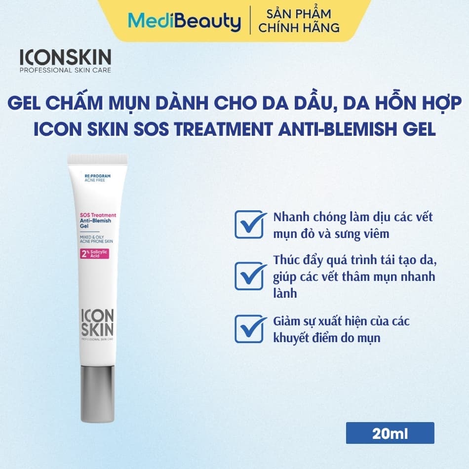 Gel chấm mụn dành cho da dầu, da hỗn hợp Icon Skin SOS Treatment Anti-Blemish Gel