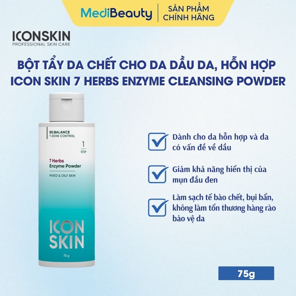 Bột tẩy da chết cho da dầu da, hỗn hợp Icon Skin 7 Herbs Enzyme Cleansing Powder