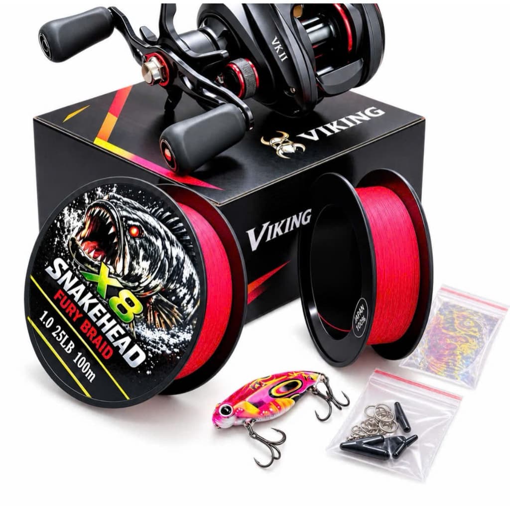 Máy Ngang Viking  VK II & Dây PE Snakehead 100m Bảo hành 15 ngày  , Tặng kèm cá sắt Bướm , Phụ Kiện, Leader ,