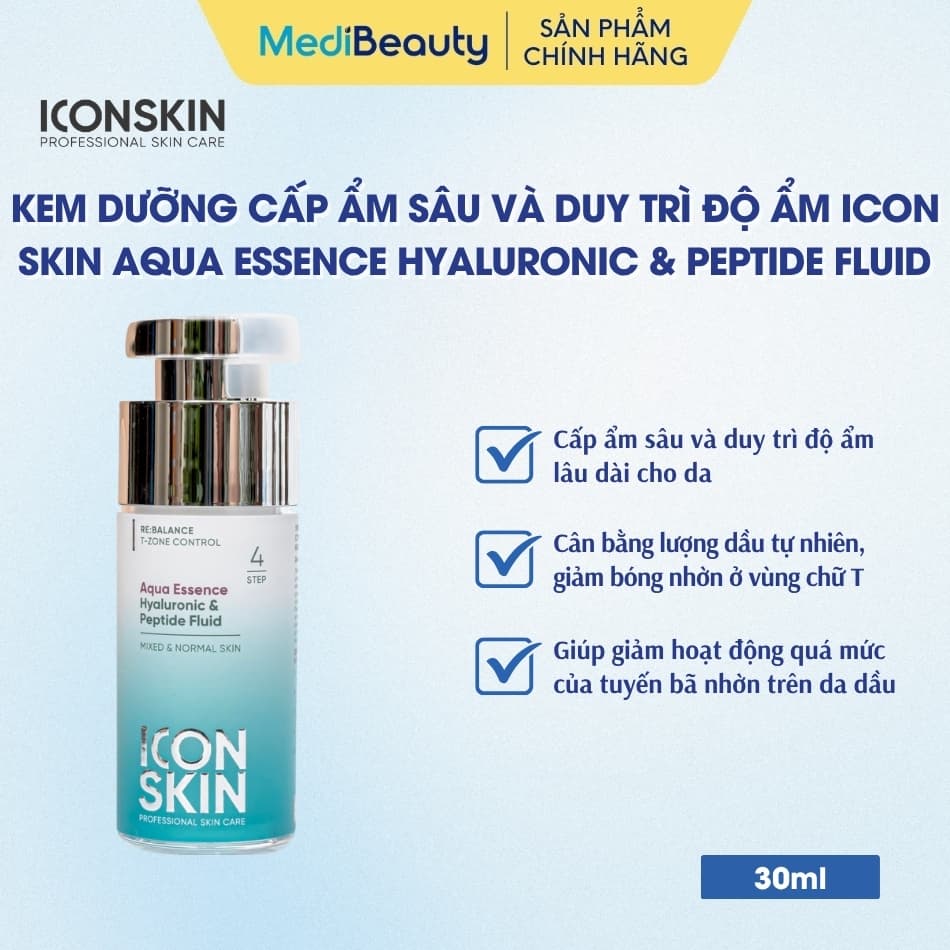 Kem dưỡng cấp ẩm sâu và duy trì độ ẩm Icon Skin Aqua Essence Hyaluronic & Peptide Fluid