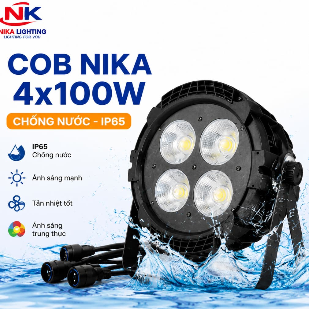 Đèn outdoor COB NIKA 4x100W chống nước IP65 dùng ngoài trời điều khiển DMX cho sân khấu sự kiện