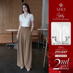 Quần Ống Rộng Bấu Li Đỉa Liền Màu Camel Chất Chéo Hàn MACI MCQQTNA0401 Thời Trang Nữ Thiết Kế 1