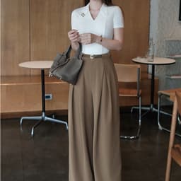 Quần Ống Rộng Bấu Li Đỉa Liền Màu Camel Chất Chéo Hàn MACI MCQQTNA0401 Thời Trang Nữ Thiết Kế 4