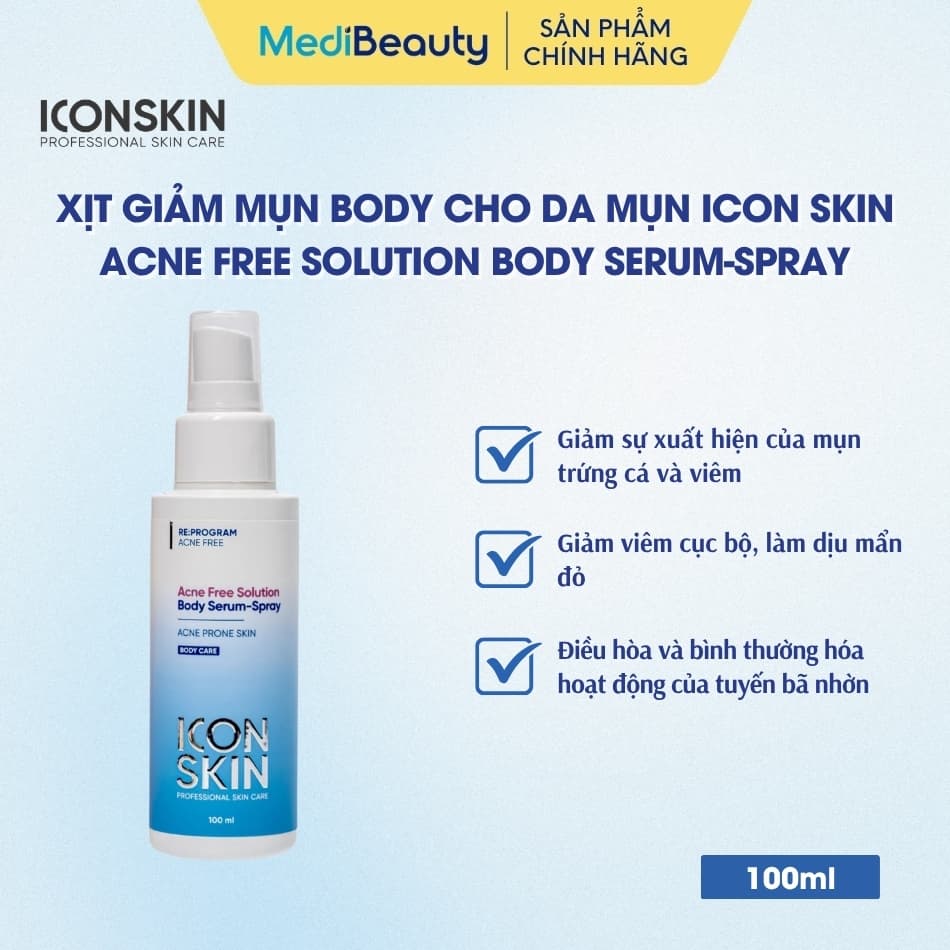 Xịt giảm mụn body cho da mụn Icon Skin Acne Free Solution Body Serum-Spray