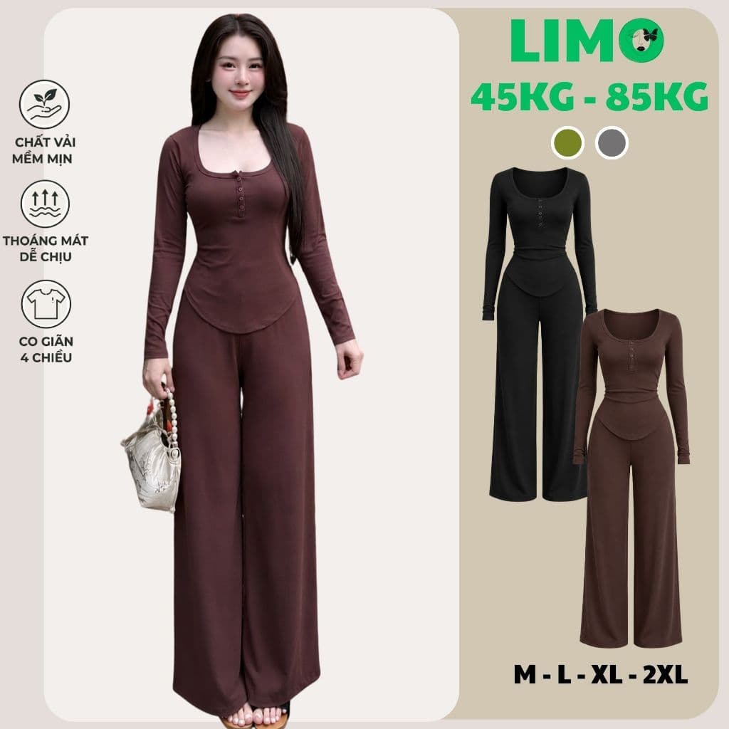 Đồ Bộ Nữ Bigsize LIMO Áo Tay Dài Quần Dài Thun Gân Tăm Lạnh Thu Đông Set Đồ Nữ Mặc Nhà Đi Chơi TL68
