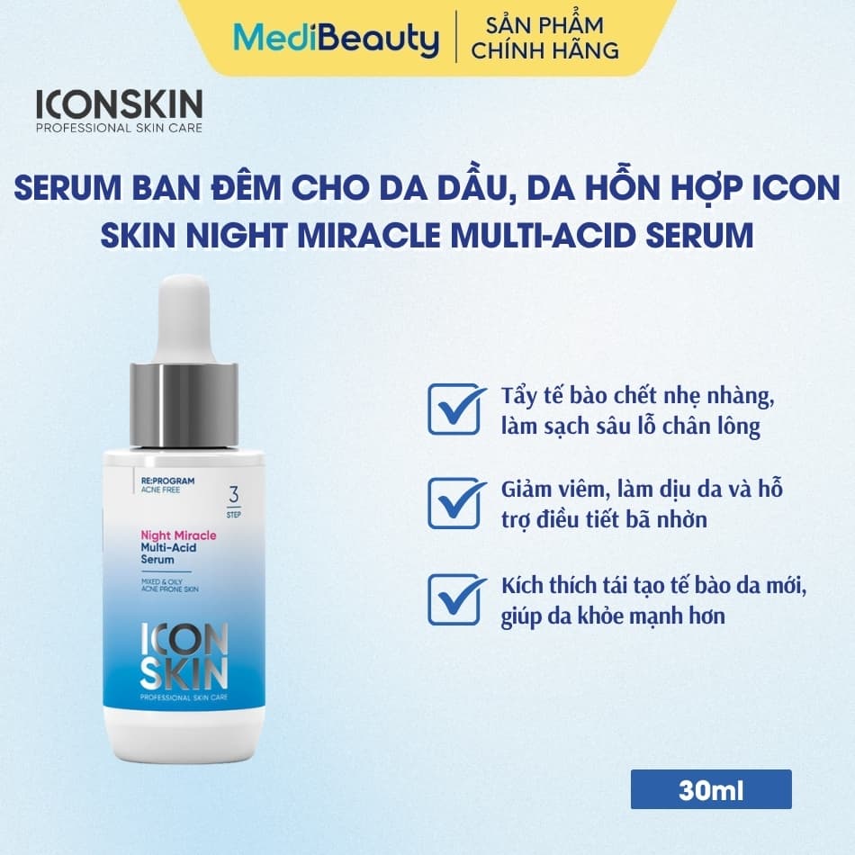 Serum ban đêm cho da dầu, da hỗn hợp Icon Skin Night Miracle Multi-Acid Serum