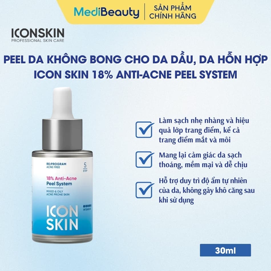 Peel da không bong cho da dầu, da hỗn hợp Icon Skin 18% Anti-Acne Peel System