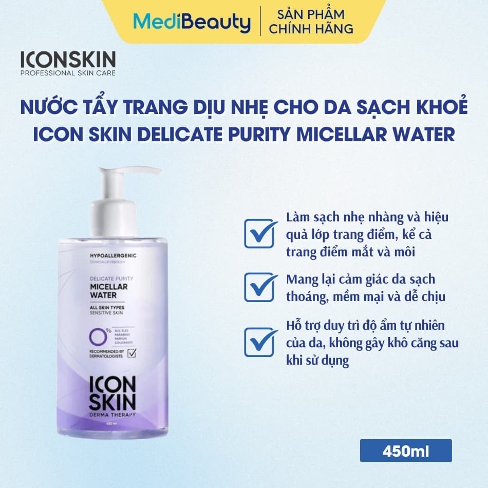Nước tẩy trang dịu nhẹ cho da sạch khoẻ Icon Skin Delicate Purity Micellar Water