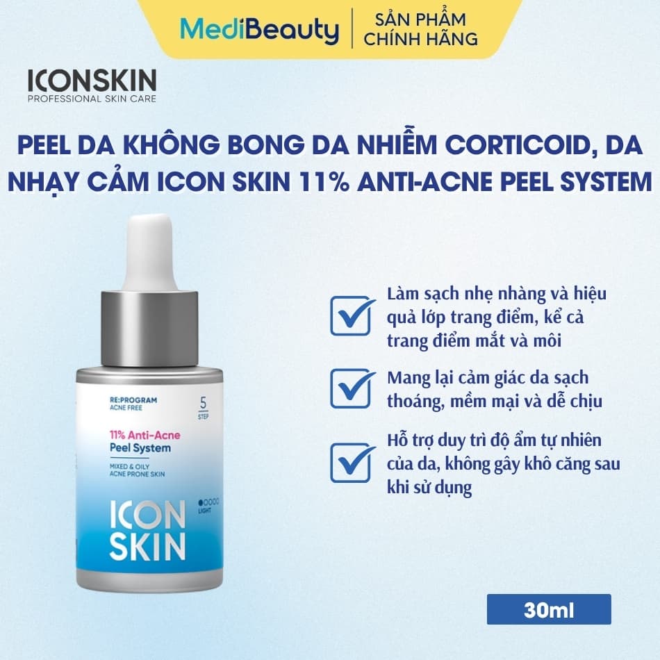 Peel da không bong cho da nhiễm corticoid, da nhạy cảm Icon Skin 11% Anti-Acne Peel System