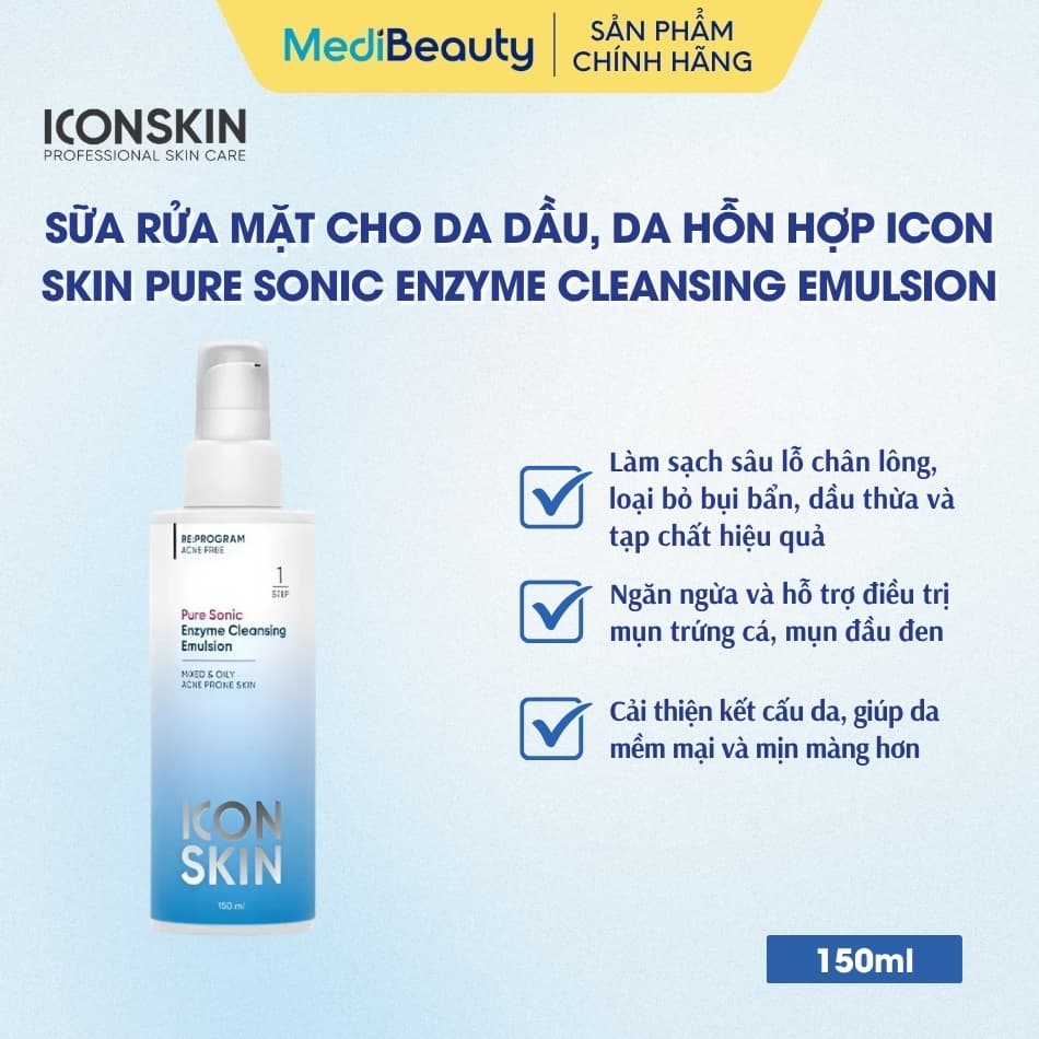 Sữa rửa mặt cho da dầu, da hỗn hợp Icon Skin Pure Sonic Enzyme Cleansing Emulsion