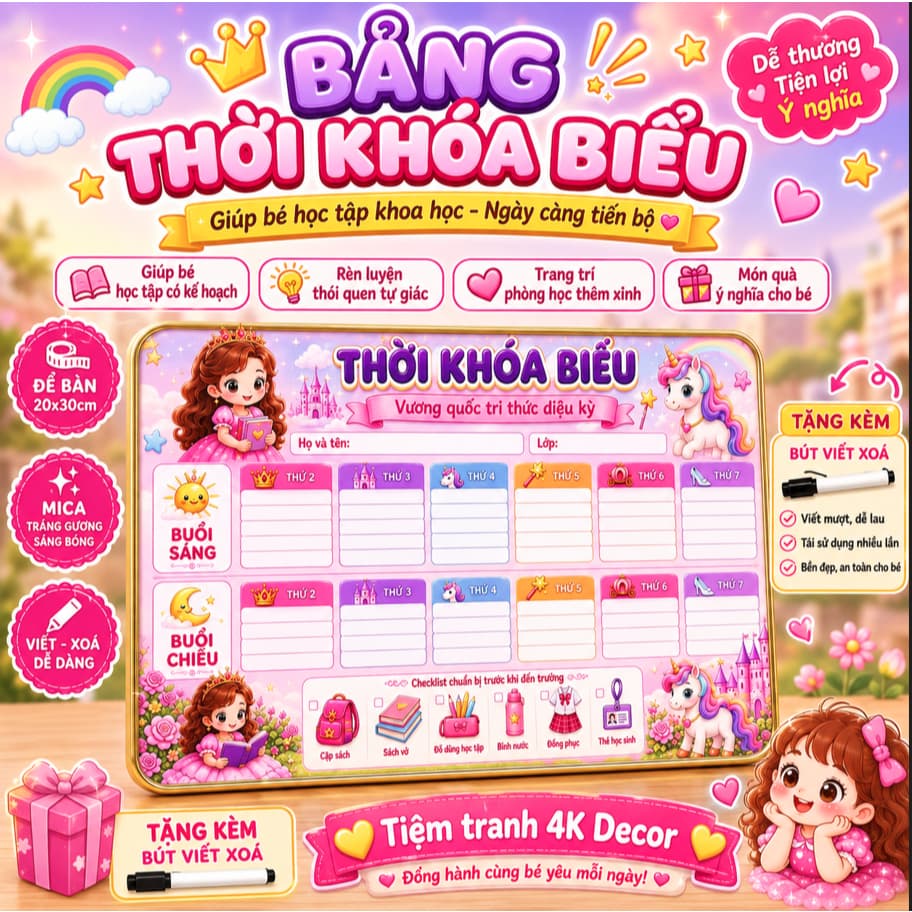 BẢNG THỜI KHÓA BIỂU HOT 2026 ĐỂ BÀN 20x30CM CHO BÉ – MICA TRÁNG GƯƠNG | TẶNG BÚT VIẾT XÓA