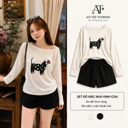 Set Đồ Mặc Nhà Nữ Hình Cún – AN TÂY – Áo Dài Form Rộng, Mặc Thoải Mái #HQ5 - Họa Tiết Chấm Bi 1