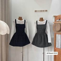 Set yếm dạ hoạ tiết hoa nhí mix áo thun giấy dài tay phong cách vintage nàng thơ 6