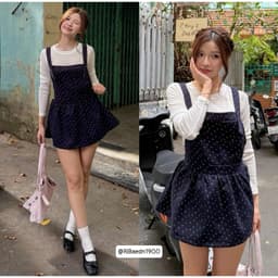 Set yếm dạ hoạ tiết hoa nhí mix áo thun giấy dài tay phong cách vintage nàng thơ 3
