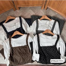 Set yếm dạ hoạ tiết hoa nhí mix áo thun giấy dài tay phong cách vintage nàng thơ 9