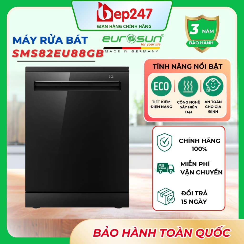 Máy Rửa Bát Eurosun SMS82EU88GB 16 Bộ Độc Lập Inverter BLDC Sấy Khí Tươi UV Diệt Khuẩn Chính Hãng