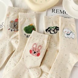 Set Tất Vớ Nữ Cổ Trung Sợi Tiêu Lốm Đốm Màu Kem Thêu Hình Thú Cưng Ngộ Nghĩnh Dễ Thương Phong Cách Hàn Quốc T956 3