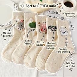 Set Tất Vớ Nữ Cổ Trung Sợi Tiêu Lốm Đốm Màu Kem Thêu Hình Thú Cưng Ngộ Nghĩnh Dễ Thương Phong Cách Hàn Quốc T956 1