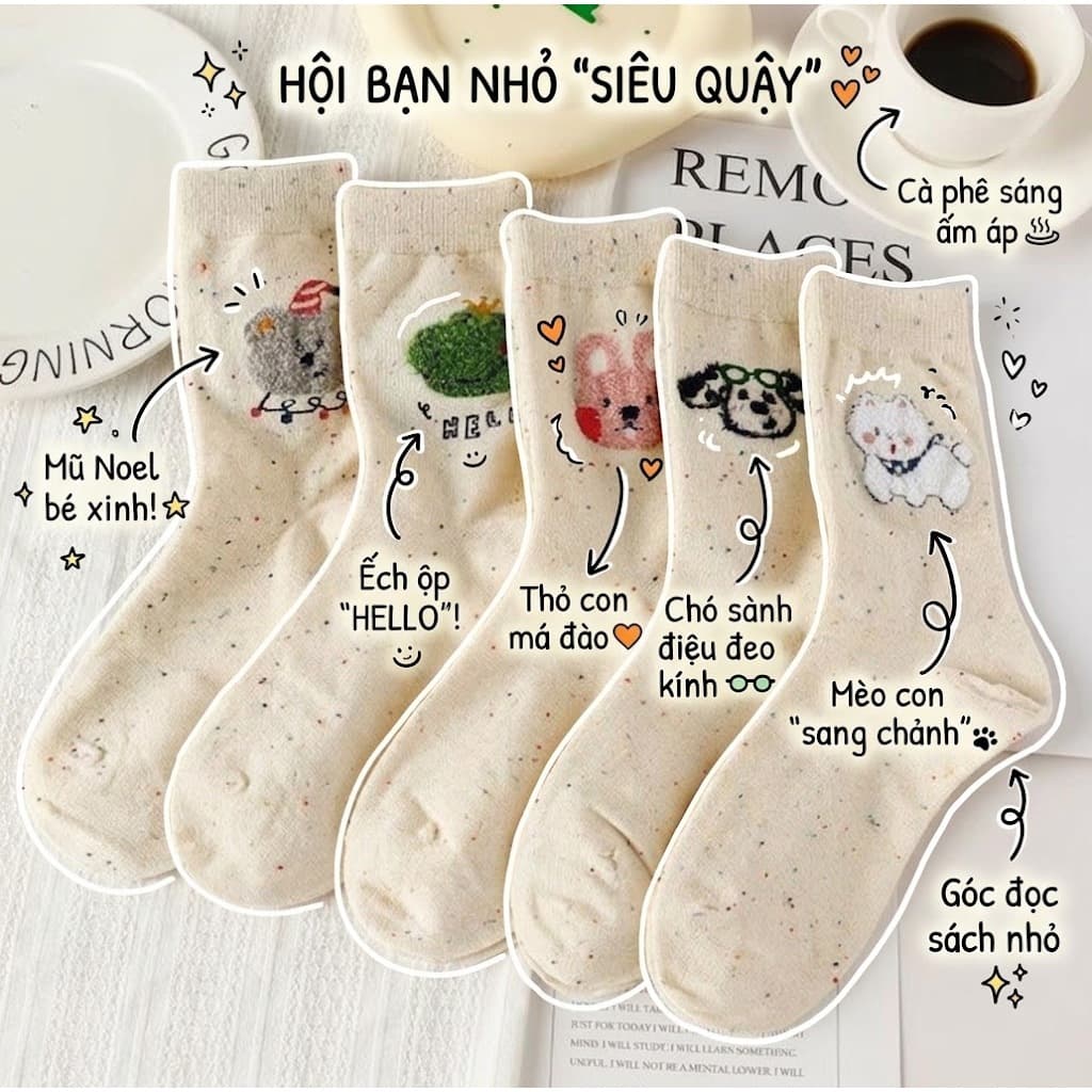 Set Tất Vớ Nữ Cổ Trung Sợi Tiêu Lốm Đốm Màu Kem Thêu Hình Thú Cưng Ngộ Nghĩnh Dễ Thương Phong Cách Hàn Quốc T956