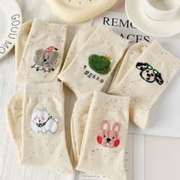 Set Tất Vớ Nữ Cổ Trung Sợi Tiêu Lốm Đốm Màu Kem Thêu Hình Thú Cưng Ngộ Nghĩnh Dễ Thương Phong Cách Hàn Quốc T956 5