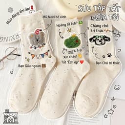 Set Tất Vớ Nữ Cổ Trung Sợi Tiêu Lốm Đốm Màu Kem Thêu Hình Thú Cưng Ngộ Nghĩnh Dễ Thương Phong Cách Hàn Quốc T956 2