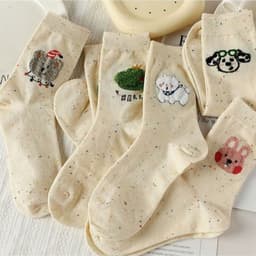 Set Tất Vớ Nữ Cổ Trung Sợi Tiêu Lốm Đốm Màu Kem Thêu Hình Thú Cưng Ngộ Nghĩnh Dễ Thương Phong Cách Hàn Quốc T956 7