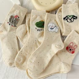 Set Tất Vớ Nữ Cổ Trung Sợi Tiêu Lốm Đốm Màu Kem Thêu Hình Thú Cưng Ngộ Nghĩnh Dễ Thương Phong Cách Hàn Quốc T956 4