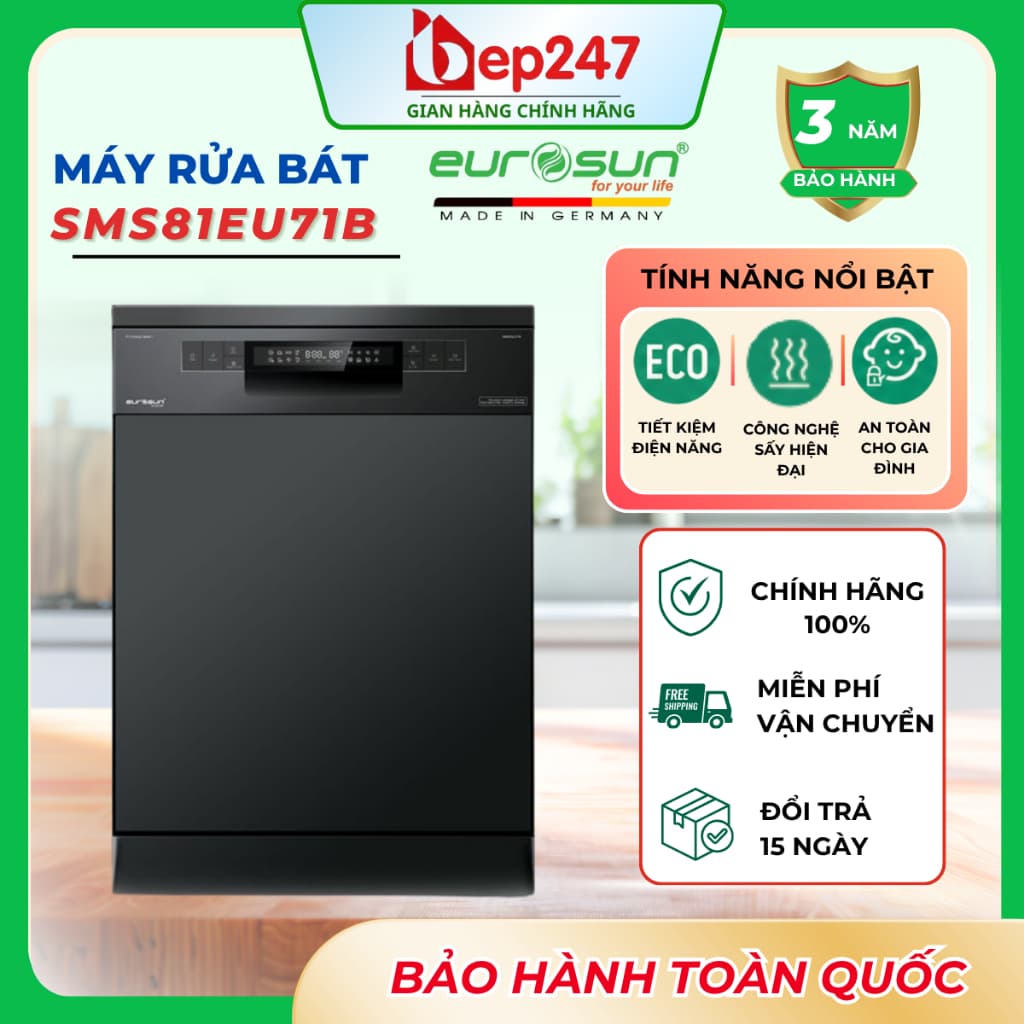 Máy Rửa Bát Eurosun SMS81EU71B 15 Bộ Độc Lập Inverter Sấy PTC Fresh & Dry UV Diệt Khuẩn Chính Hãng