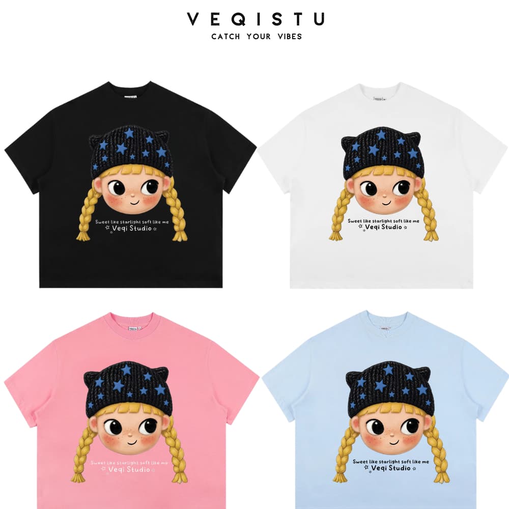 Áo Thun BOXY Local Brand VEQISTU "Cartoon Girl" Áo Thun Boxy Form Rộng Unisex  250Gsm  Cotton