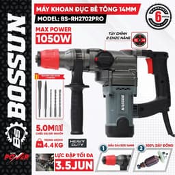 Máy Khoan Đục Điện BS BOSSUN BS-RH2702PRO, Công Suất 1050W Lực Búa Cao 3.5J - Tặng Kèm 5 mũi, Hỏa tốc 1