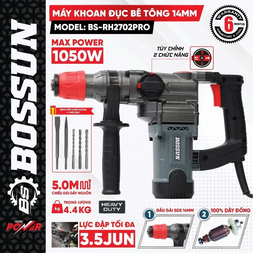 Máy Khoan Đục Điện BS BOSSUN BS-RH2702PRO, Công Suất 1050W Lực Búa Cao 3.5J - Tặng Kèm 5 mũi, Hỏa tốc